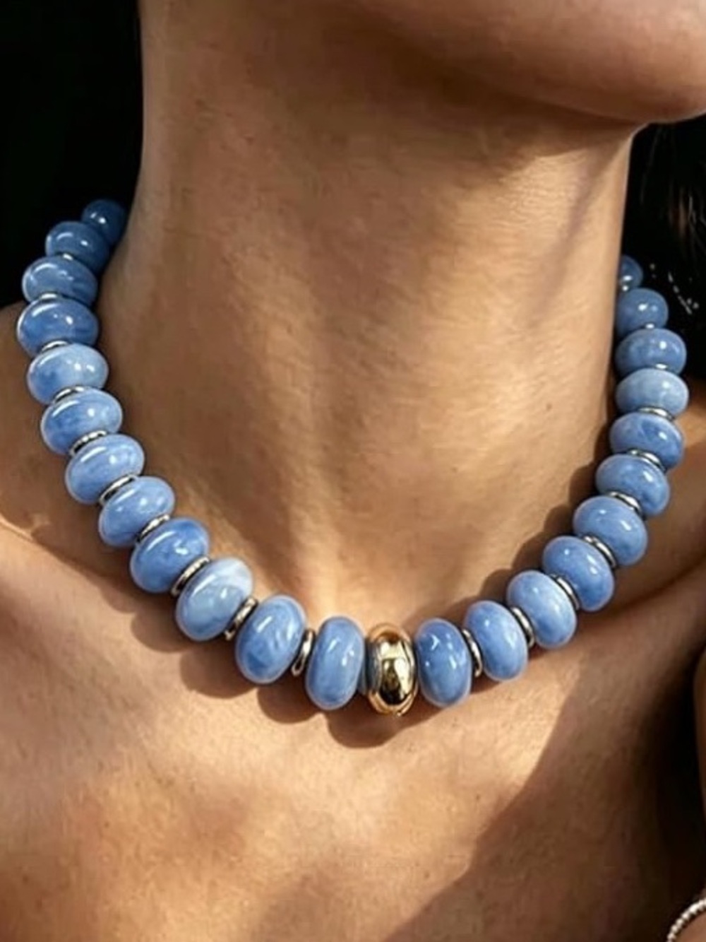 Light Blue Beaded Statement Chunky Necklace with Gold Accent